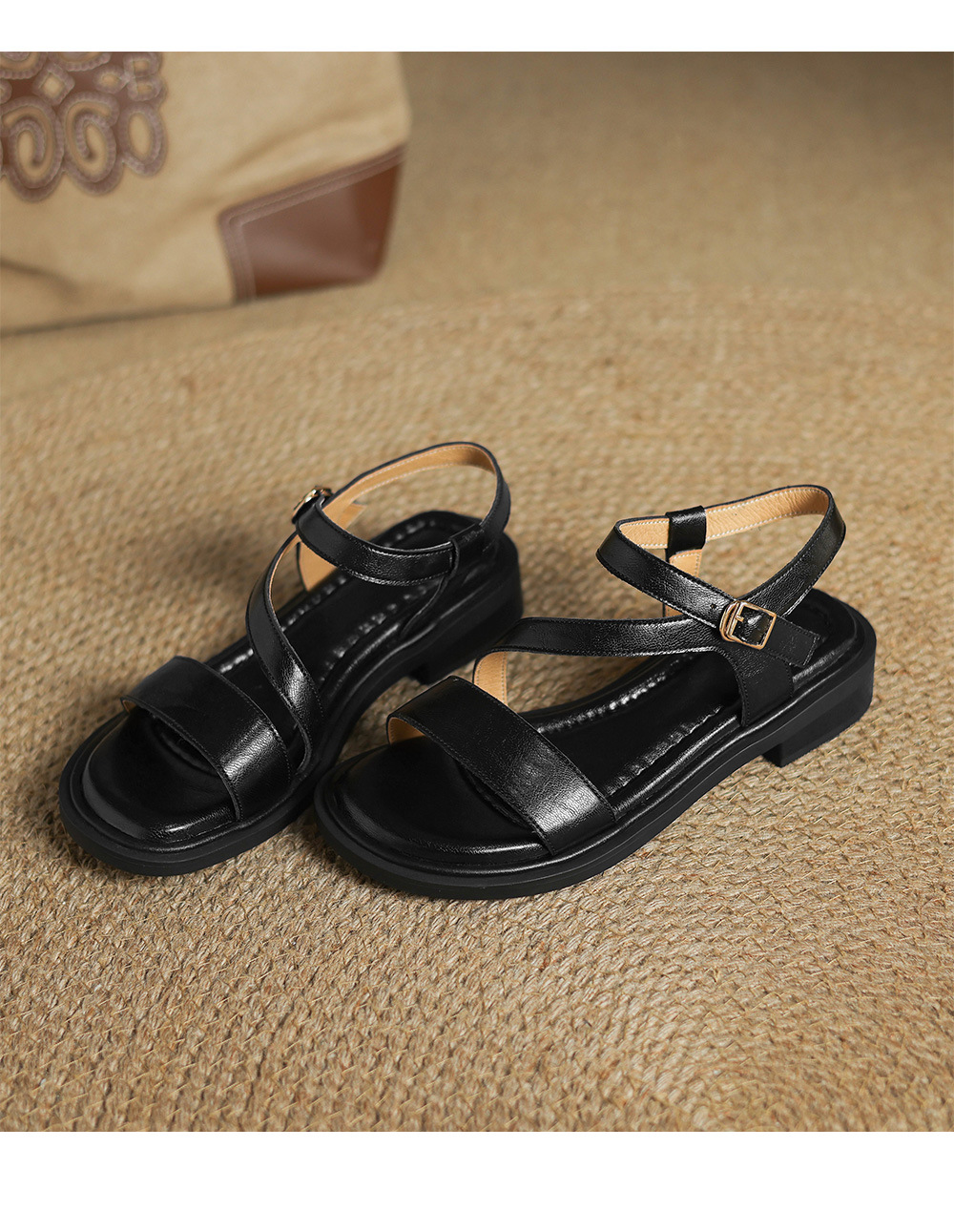Sandal nữ quai ngang mũi hở đế bệt gót dày kiểu La Mã — nâu chi tiết 23