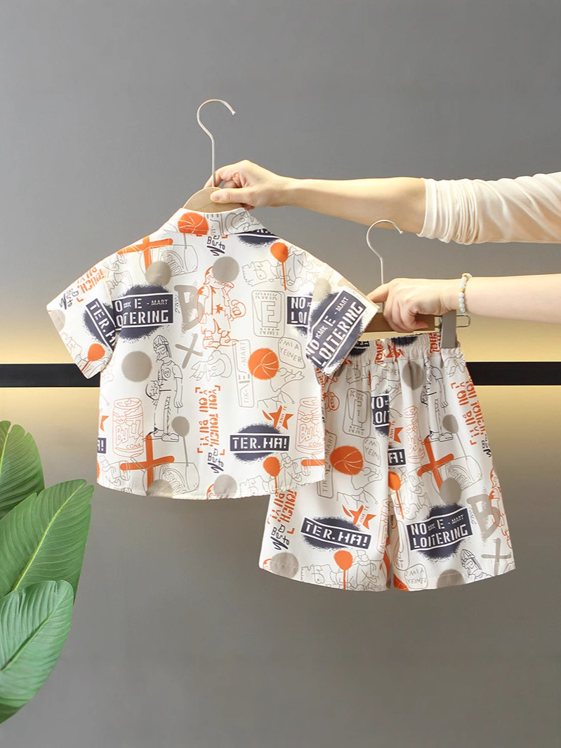 7867 Traje delgado de manga corta para niños, pantalones cortos de verano para niños, chaleco, camisa de bebé de tres piezas, ropa de verano