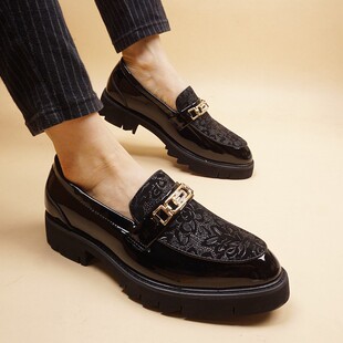 Autumn New Leg Men's Shoes Korean Style Pointed Toe Leather Shoes Personalized Carved Business Casual Thick Bottom Platform Shoes New
