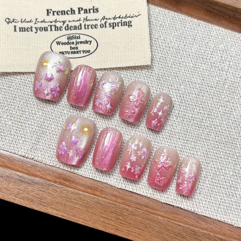 Spring Flower Gold Butterfly Plating Wear Armor Gentle Pink Gradient Nail Art Patch White ins Korean Style