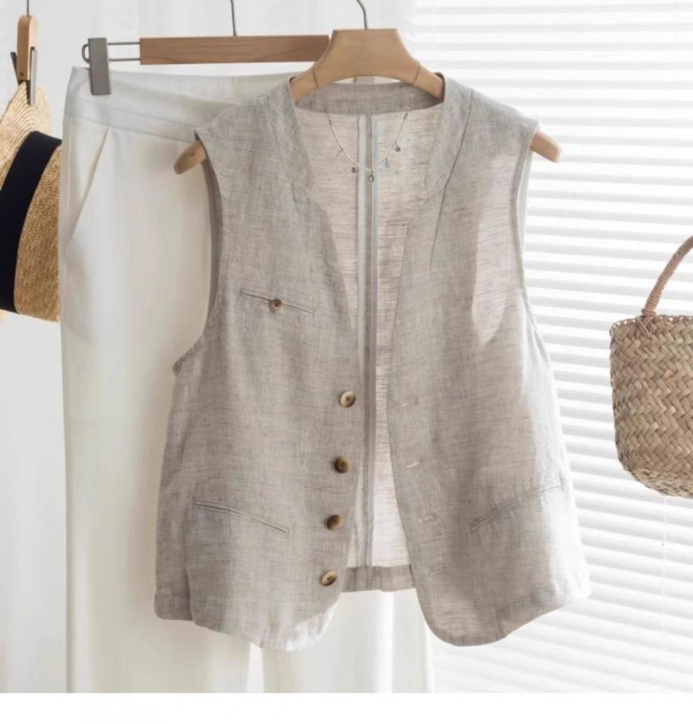 Áo vest gile nữ không tay cổ V chất liệu vải lanh phong cách cổ điển — Màu be chi tiết 4