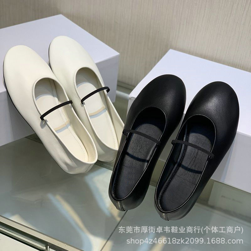 Minimalist Color Matching Bare Feet-Feel Large Soft Sheepskin Flat Mary Jane Ballet Shoes with Elasticity Belt Comfortable Women's Milk Shoes