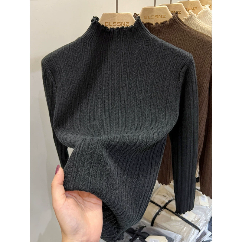 Пряной цветной демисезонный пуловер, длинный рукав, высокий воротник, slim fit