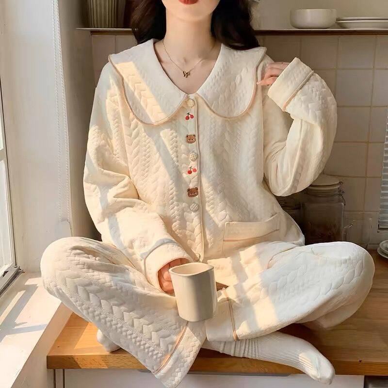 100% algodón Otoño e Invierno sándwich pijamas mujeres aire algodón espesado manga larga estilo coreano Delgado acolchado engrosado homewear
