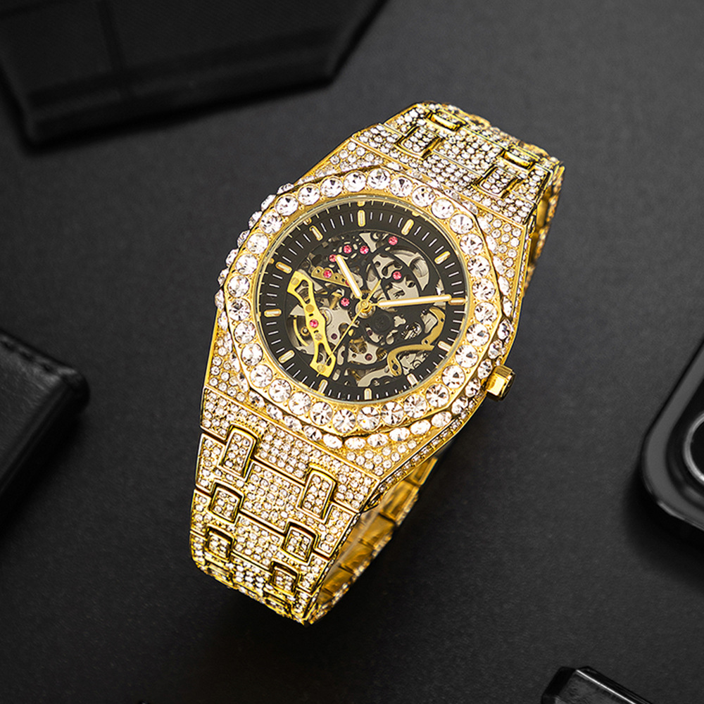 MISSFOX Full Diamond Hip Hop Party Automatic Hollow out Mechanical Men's All Night Glow Watch_voghion.com