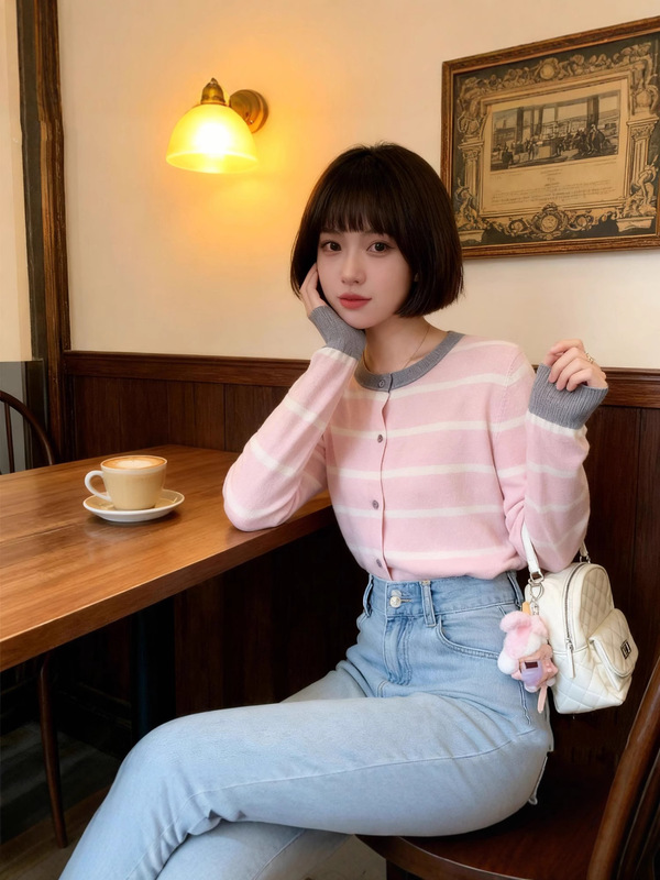 韩系撞色条纹短款针织开衫女2025新款早秋季氛围感穿搭外套上衣|undefined