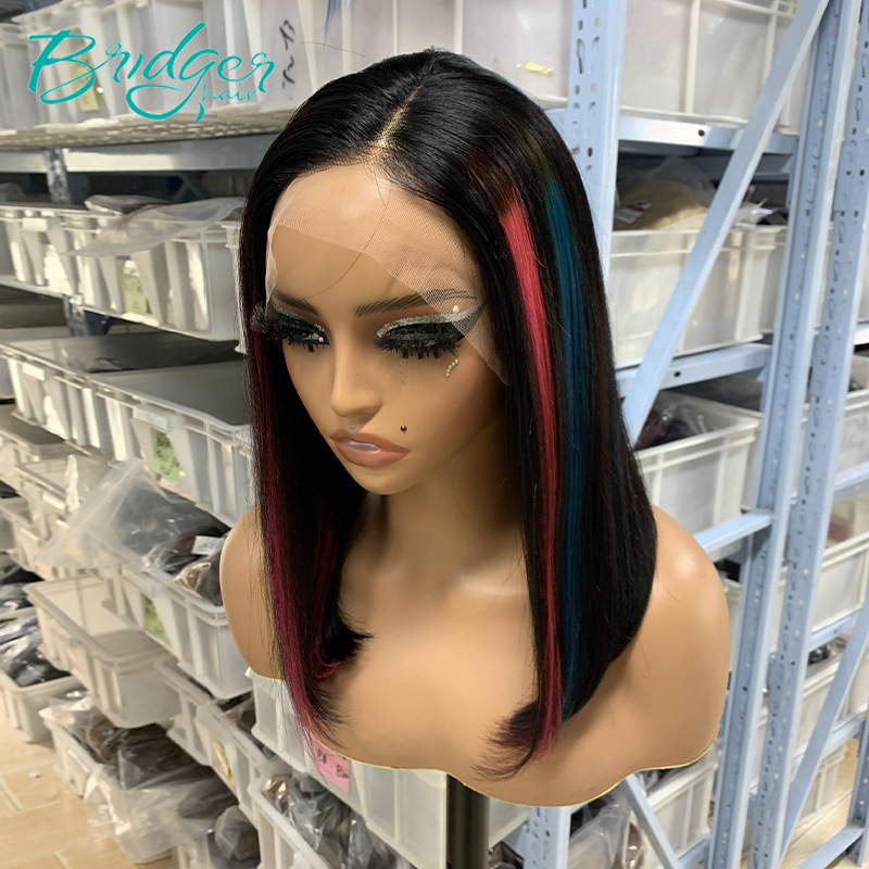 Factory Highlight Blue Rose Red 13*4 pizzo frontale BOB parrucca di capelli veri parrucca di capelli umani_voghion.com