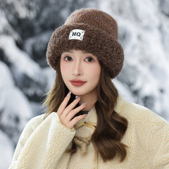帽子女秋冬时尚百搭加厚防寒毛线帽韩版大头围HO双色毛绒保暖帽新