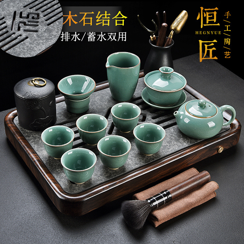 厂家乌金石小茶盘套装家用现代简约小型实木干泡茶台茶具托盘石材