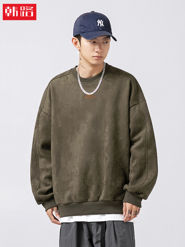 Sudadera de cuello redondo de gamuza de 350g, nueva colección primavera 2025, estilo japonés, de marca, de moda, holgada, bordada, tipo chaqueta.
