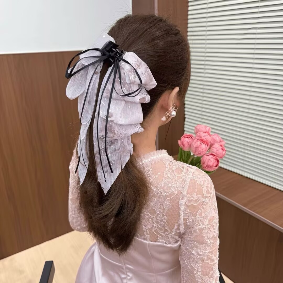 Satín de alta sensación, arco negro grande, clip de tiburón, toque de cabeza, clip de nube, clip de agarre, clip de cabello, tarjeta de cabello de mujer