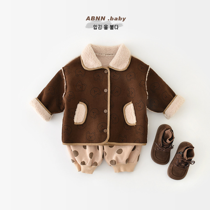 Baby clothes autumn and winter fleece-lined men and women baby wear fleece-lined windproof coat baby Korean bear coat