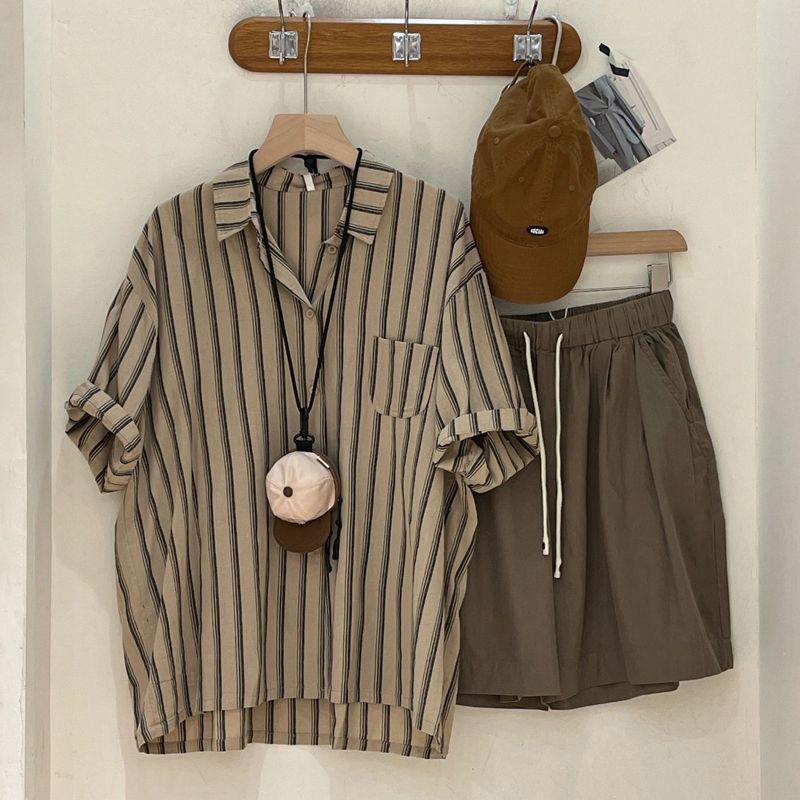 플러스 사이즈 1.0-150kg 일본 BF 스타일 스포츠 정장 여성 반팔 스트라이프 셔츠 여름 루즈 캐주얼 투피스 세트