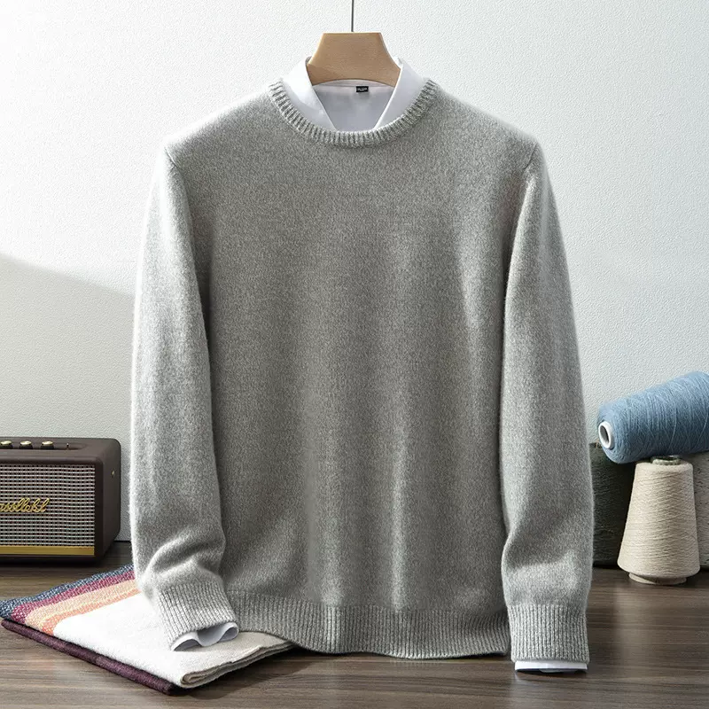 加厚男士羊绒衫针织衫秋冬100山羊绒圆领毛衣针织打底上衣男