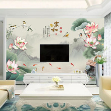 8D立体沙发影视墙壁画装饰荷花九鱼图客厅电视背景墙壁纸18D墙布