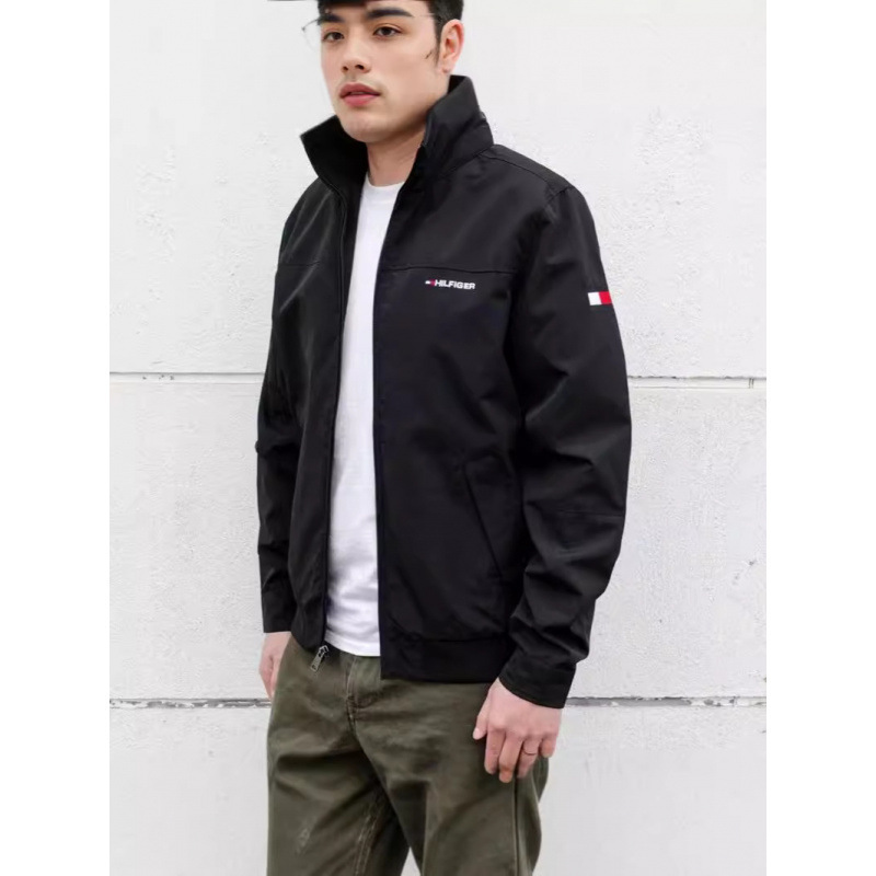 24 in-stock autumn TOMMY men's zip-up jacket with three-color logo embroidery, casual loose-fitting stand-up collar coat