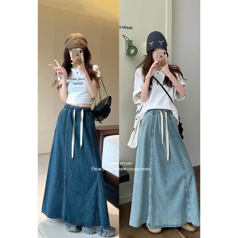 Real shot 2024 Korean version of retro washed elastic waist drawstring Denim skirt long loose A- shape large skirt