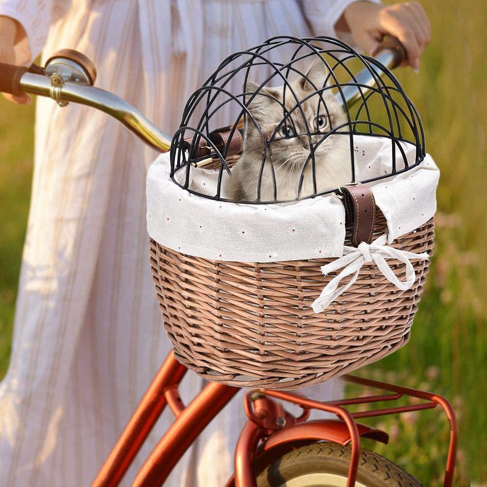 Cesta de mimbre personalizada con tapa cesta para mascotas cesta delantera para bicicletas tejida a mano de ratán desmontable para gatos y perros para mascotas