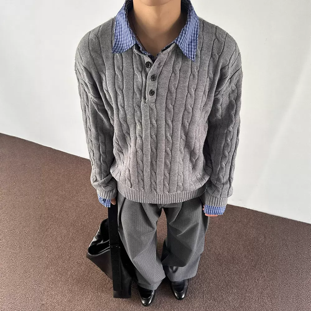 美式复古假两件绞花毛衣男款秋冬慵懒高级感针织衫格雷miu系穿搭