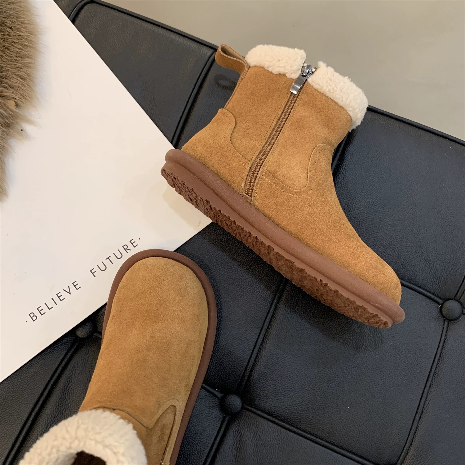 Snow boots women's winter fur one thick warm ankle boots with velvet cotton shoes_voghion.com