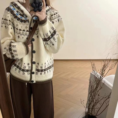 韓国版秋冬ファッション新作韓国東大門レトロ模様学院風ニットフード付きセーターカーディガン