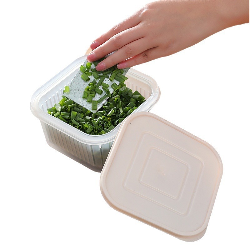 Caja de almacenamiento de cebollas casera portátil cuadrada plástico transparente de doble capa de drenaje de agua fresca refrigerador sellado al por mayor