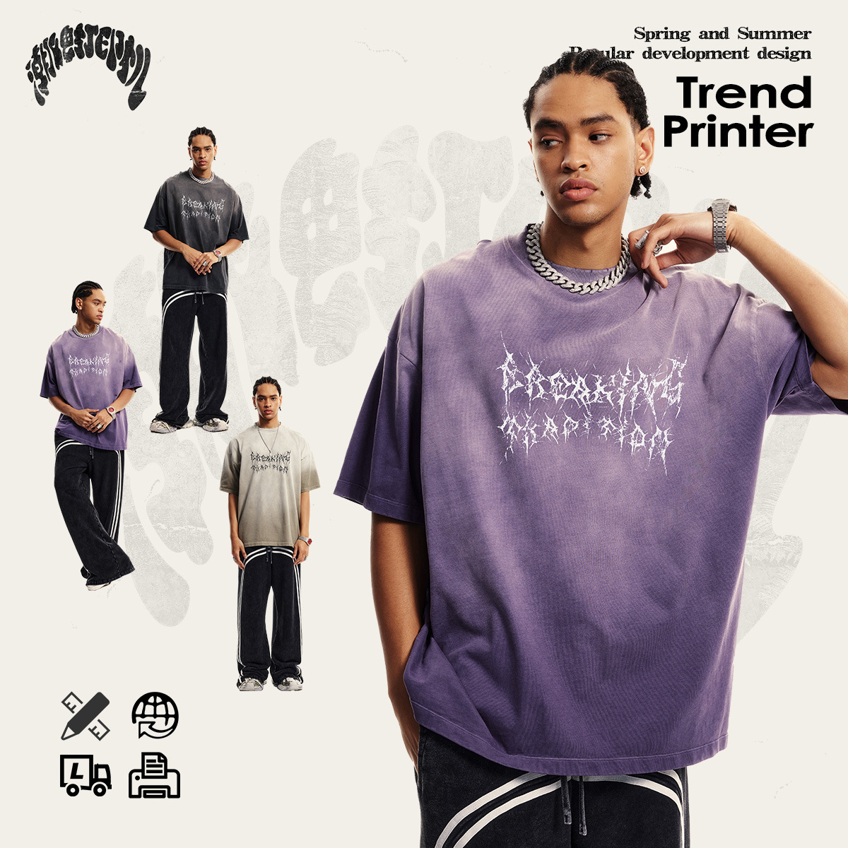 2025 primavera y verano estilo americano de la calle alta marca de moda rrr123 moda camiseta de manga corta tipo de vid gradiente hombre