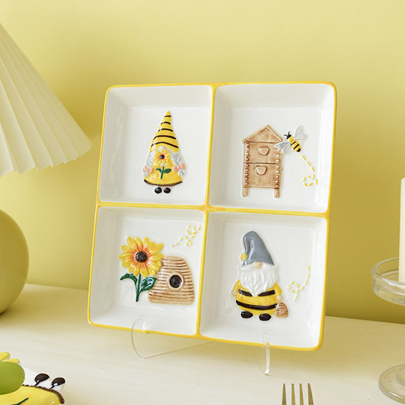 Primavera abejas girasol elf cerámica en relieve plato de cuatro paneles de platos encantadores platos