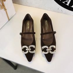 3686-K77 Korean retro style straight buckle with sloping heel women's shoes, high-end rhinestone buckle pointed shallow mouth single shoe for women
