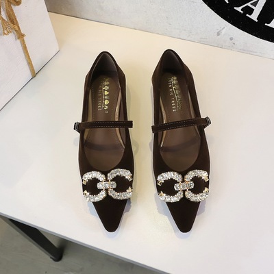 3686-K77 Korean retro style straight buckle with sloping heel women's shoes, high-end rhinestone buckle pointed sha