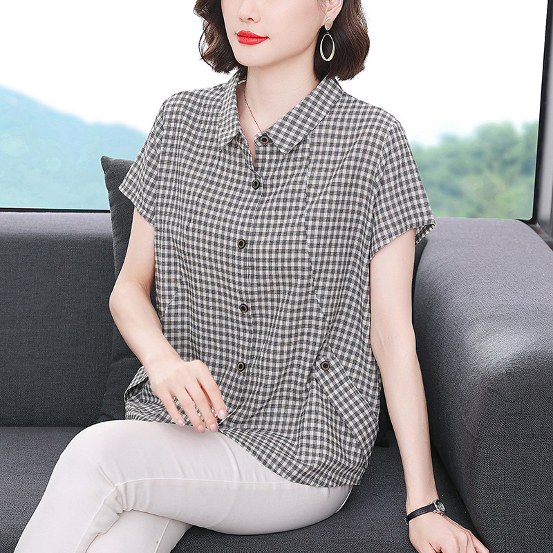 2023 new plaid POLO collar short-sleeved shirt women's summer simple loose single-breasted mom top