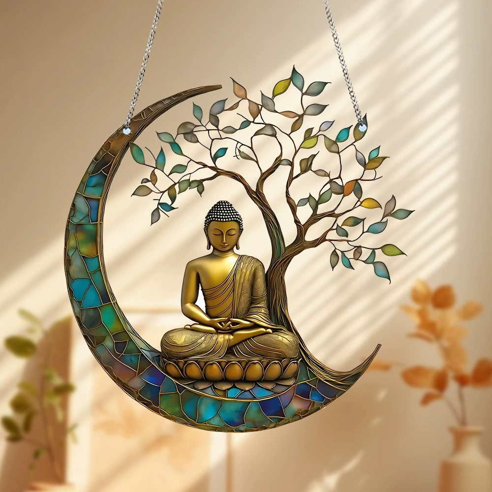 Кросс-бордерное дерево жизни луны, медитация монаха, 2D плоский акриловый диск, кулон, креативные украшения для дома и улицы