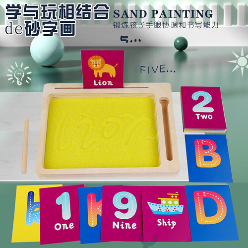 Wooden sand painting board toy for children, preschool learning, educational tool, letter recognition, number cards, handwriting practice toy