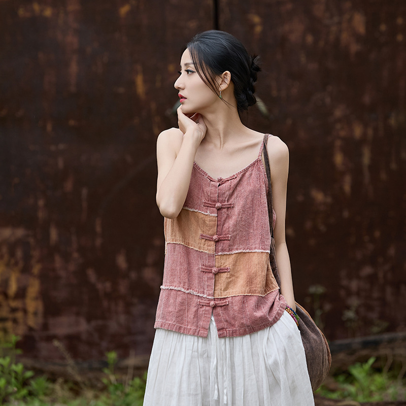 26 Spring Women's Linen and Ramie Patchwork Tie-Dye Strap Top, Original Designer Style, Unique and Versatile Women's Vest