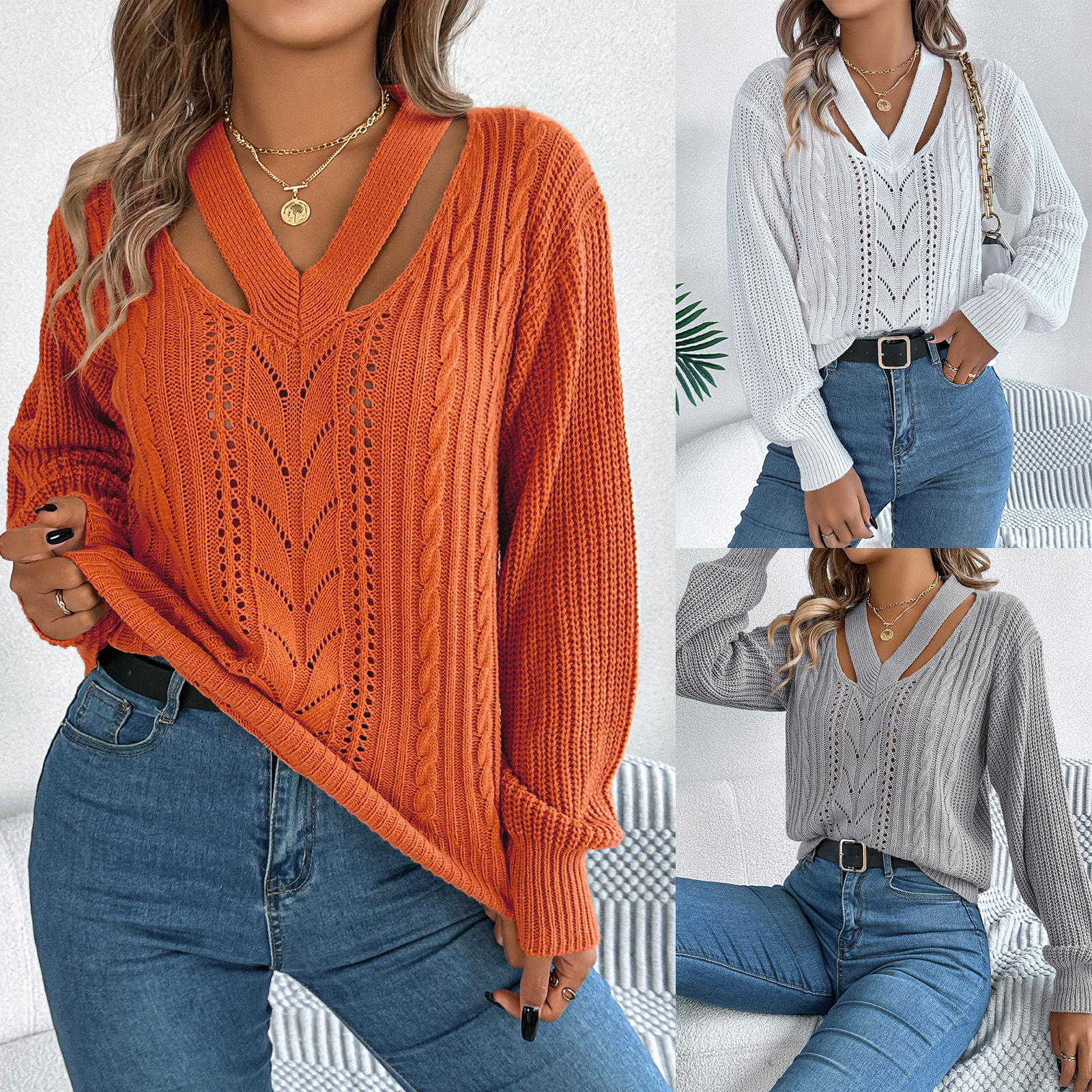 Women's Clothing Real shot of 2024 autumn and winter casual hollow V neck twisted lantern sleeve pullover sweater women's clothing_voghion.com