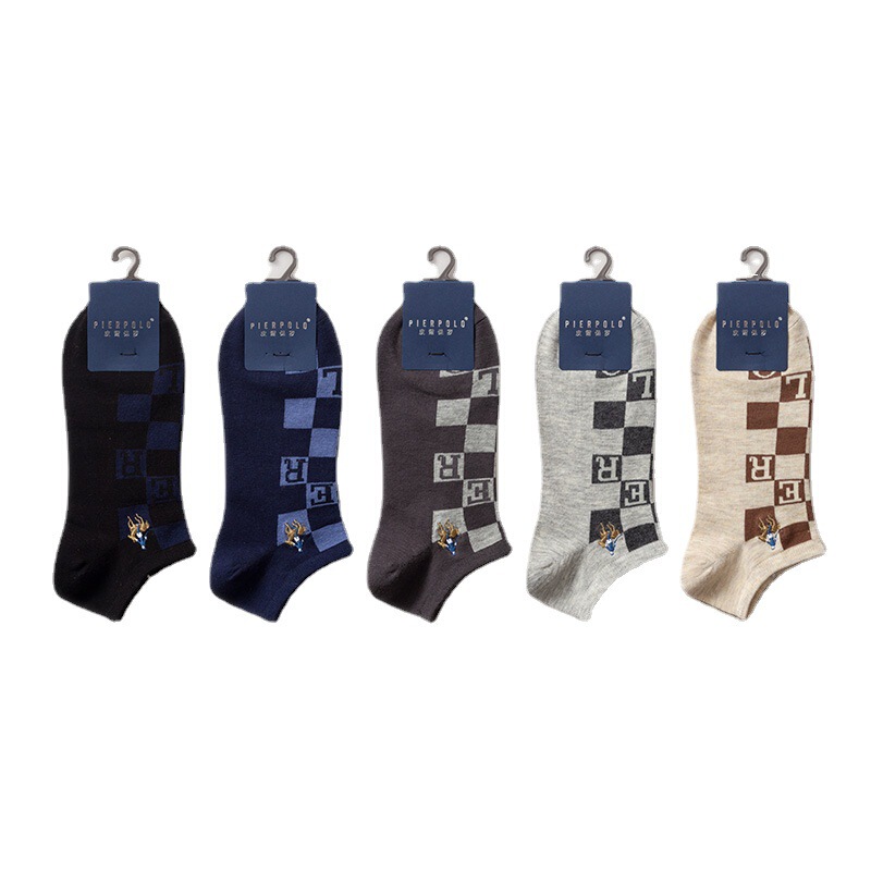 Chessboard Plaid men's socks new summer socks combed cotton men's embroidered boat Socks anti-friction men's socks factory wholesale