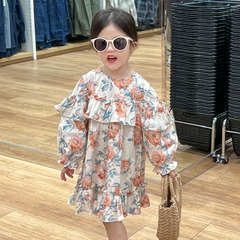 貝貝由樂韓版女童2024春季新款橘碎花木耳邊飛袖荷葉擺公主連衣裙