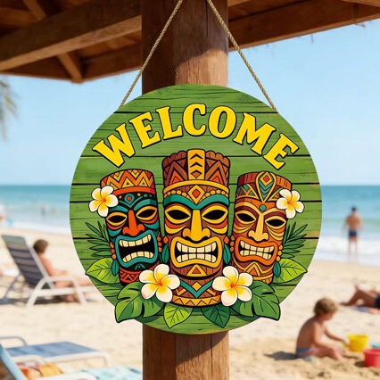 Cross-border Hawaiian-style front door party decoration sign, summer totem rustic farmhouse round wooden sign