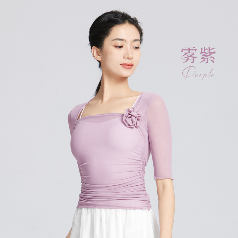 Ropa de baile de ballet práctica blusa gimnasia malla elástica media manga femenina adulta danza clásica gasa ropa superior del cuerpo