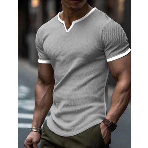 Summer Solid Color Two-Piece Base Shirt Elastic Men's T-Shirt Men's Short Sleeve Tight V-Neck Slim Fit Breathable Gray