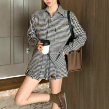 25早秋时尚新品套装裙女美式格纹羊毛呢衬衫一片式压褶半裙两件套