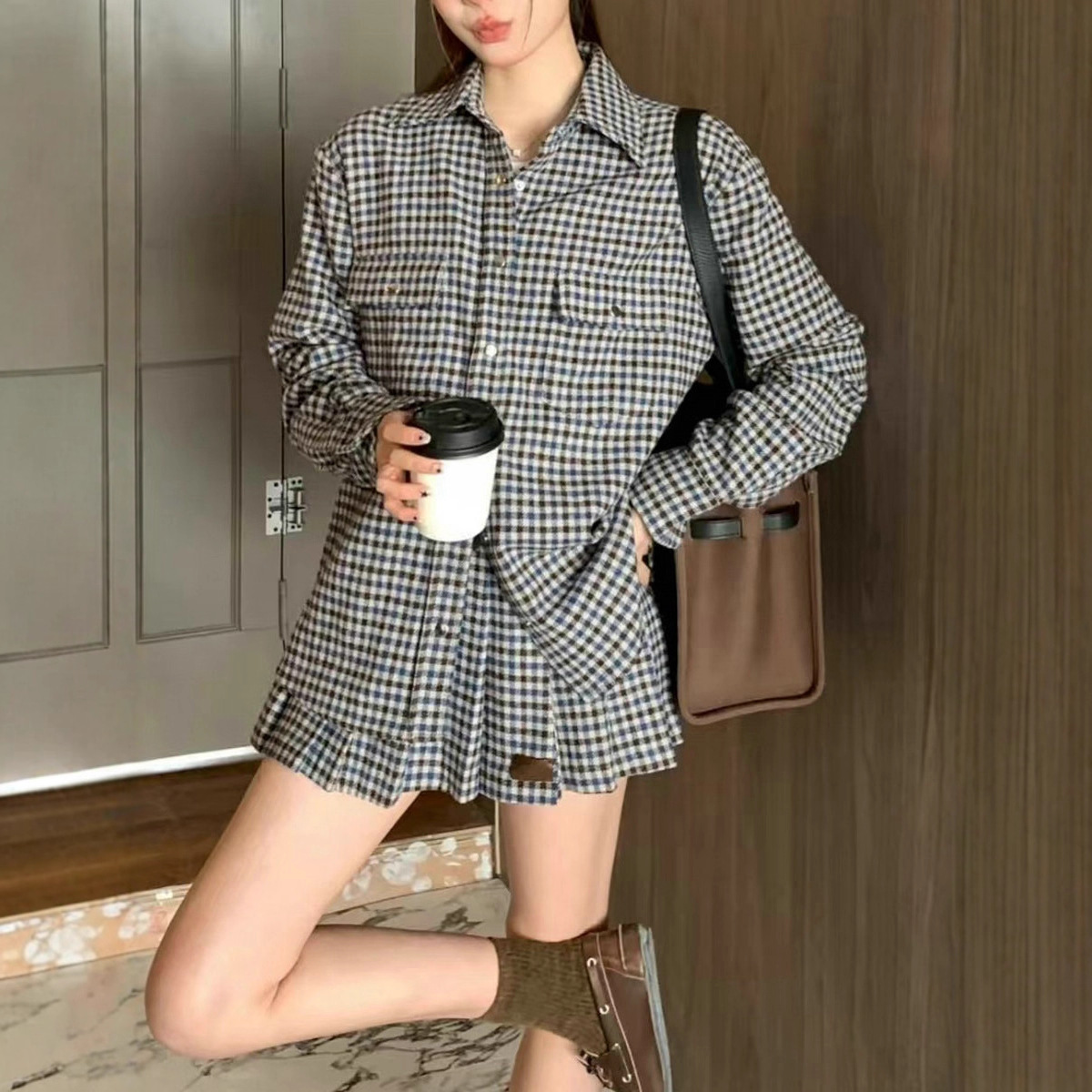 25早秋时尚新品套装裙女美式格纹羊毛呢衬衫一片式压褶半裙两件套