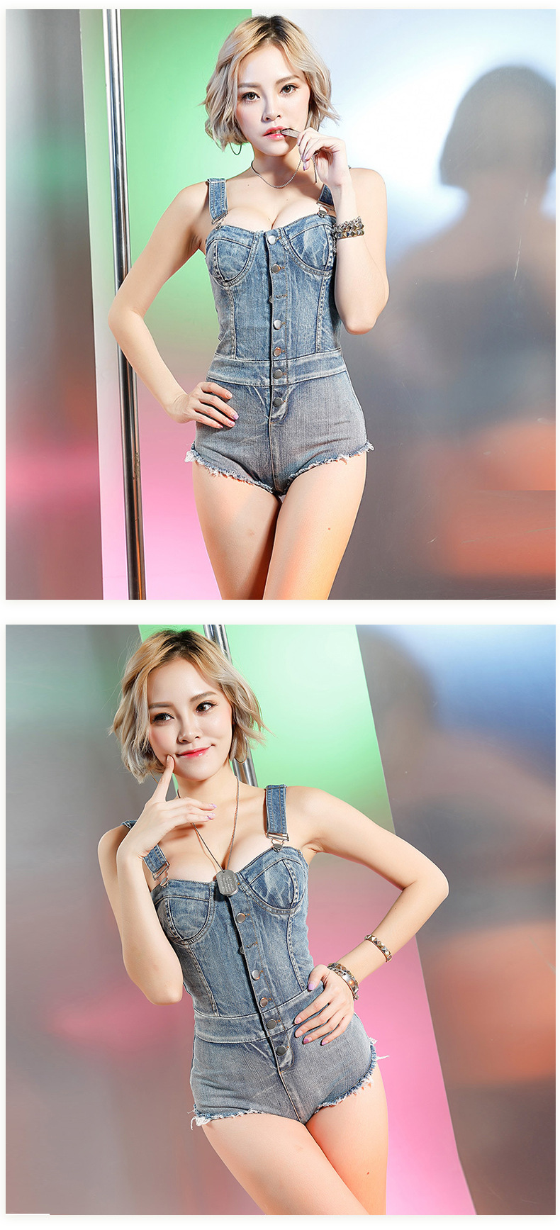 retro plain color denim shorts jumpsuit NSML64771