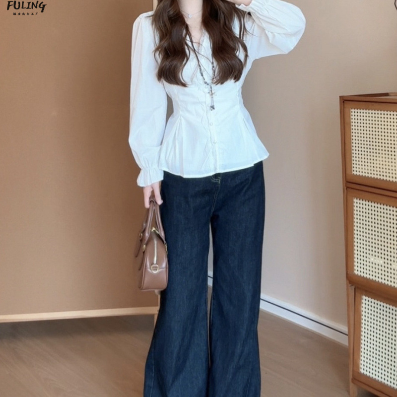 2025 New Autum Fat French Lace Splicing Long-Sleeved Shirt Women's Slimming Look Top 8287 White Milk Yellow