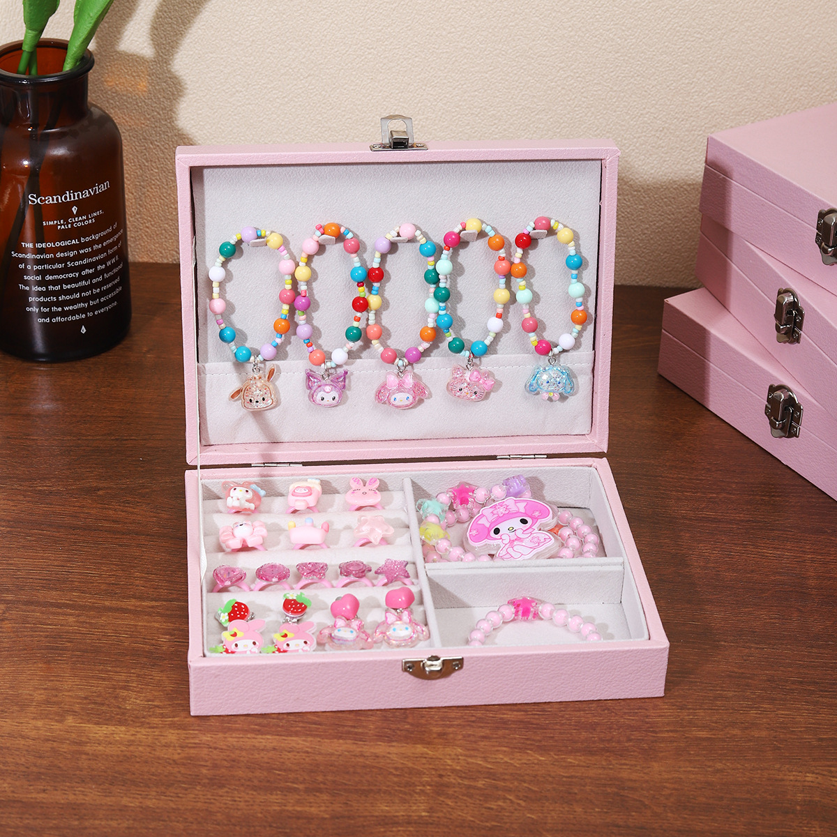 Juego de pulsera de anillo de clip de oreja de Kulomi de dibujos animados Caja de regalo Caja de joyería exquisita princesa para niños Regalo de cumpleaños para niñas
