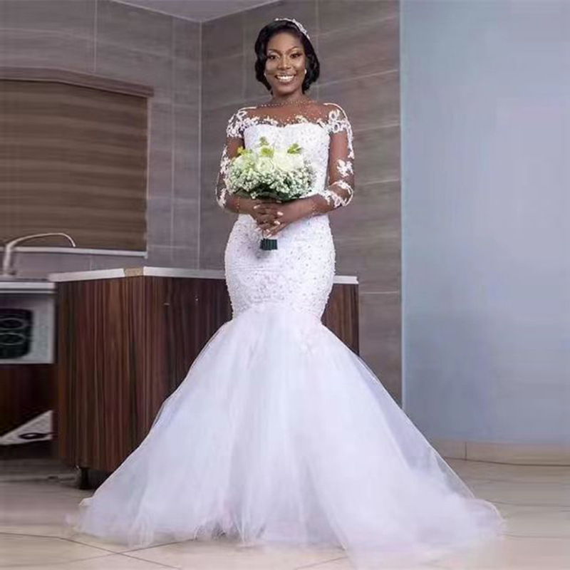 Amazon new wedding dress skin color lace round neck long sleeve mermaid slim bridal wedding dress one-piece delivery Amazon new wedding dress skin color lace round neck long sleeve mermaid slim bridal wedding dress one-piece delivery