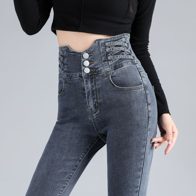 2025 Blue-Gray Pencil Skinny Jeans for Women, Stretchy, Slim Fit, Versatile, Ultra-High Waist, New Style, Slimming and Tight-Fitting