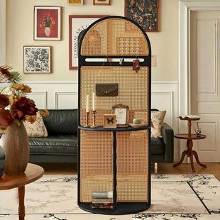 French Style Retro Solid Wood Rattan Screen Partition Living Room Entrance Door Shelf Entrance Cabinet Modern Simple Storage Rack