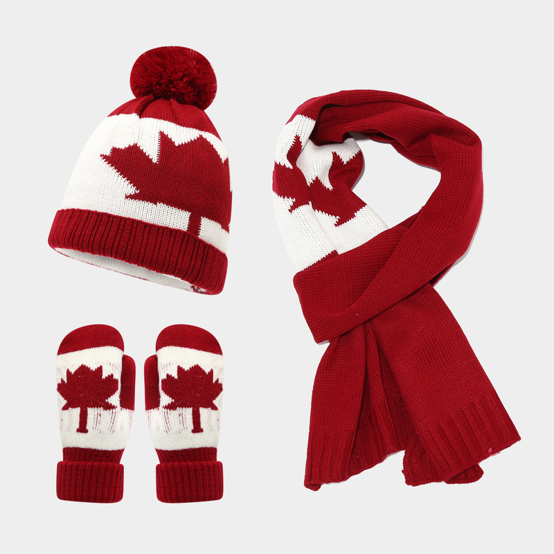 Canadian Flag Maple Leaf Pattern Knitted Hat, Scarf and Gloves Three-Piece Set for Men and Women, Casual and Warm Three-Piece Set, Trendy