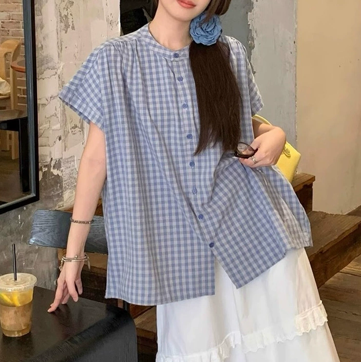 Топ в клетку для беременных 2025 летний новый стиль для беременных рубашка рубашка рубашка большой размер повседневный комфорт топ